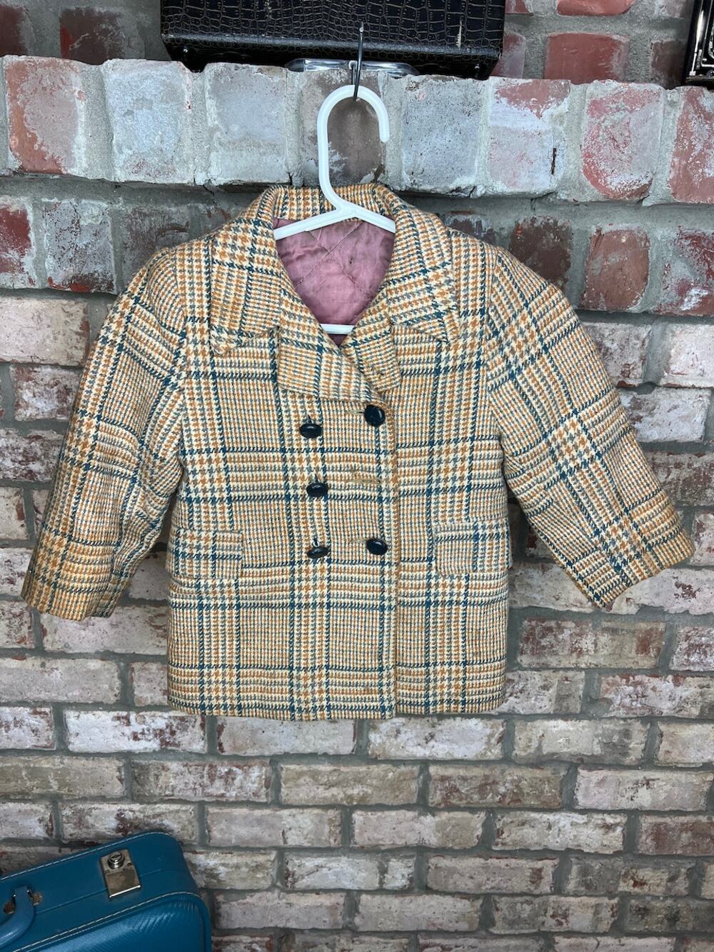 toddler kids coat Vintage 1950s plaid brown tan blue